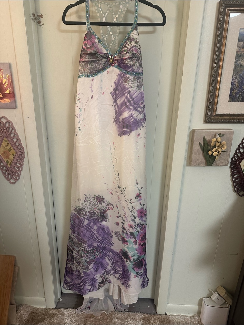 Dave & Johnny White Floral Prom Dress with Purple Accents